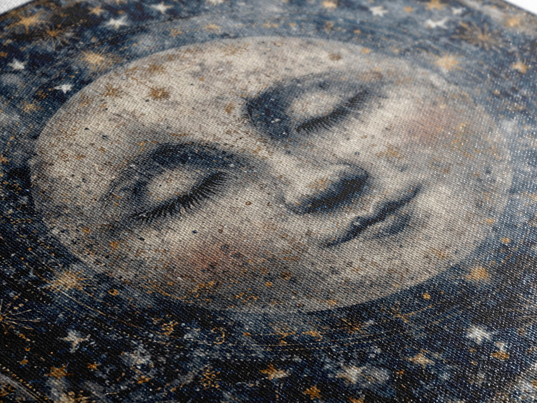 Moon with Sleeping Face and Dangling Stars Framed Canvas Print, Whimsical Art, Living Room Decor, Wonder, Gallery Decor, WHI-1x1-64