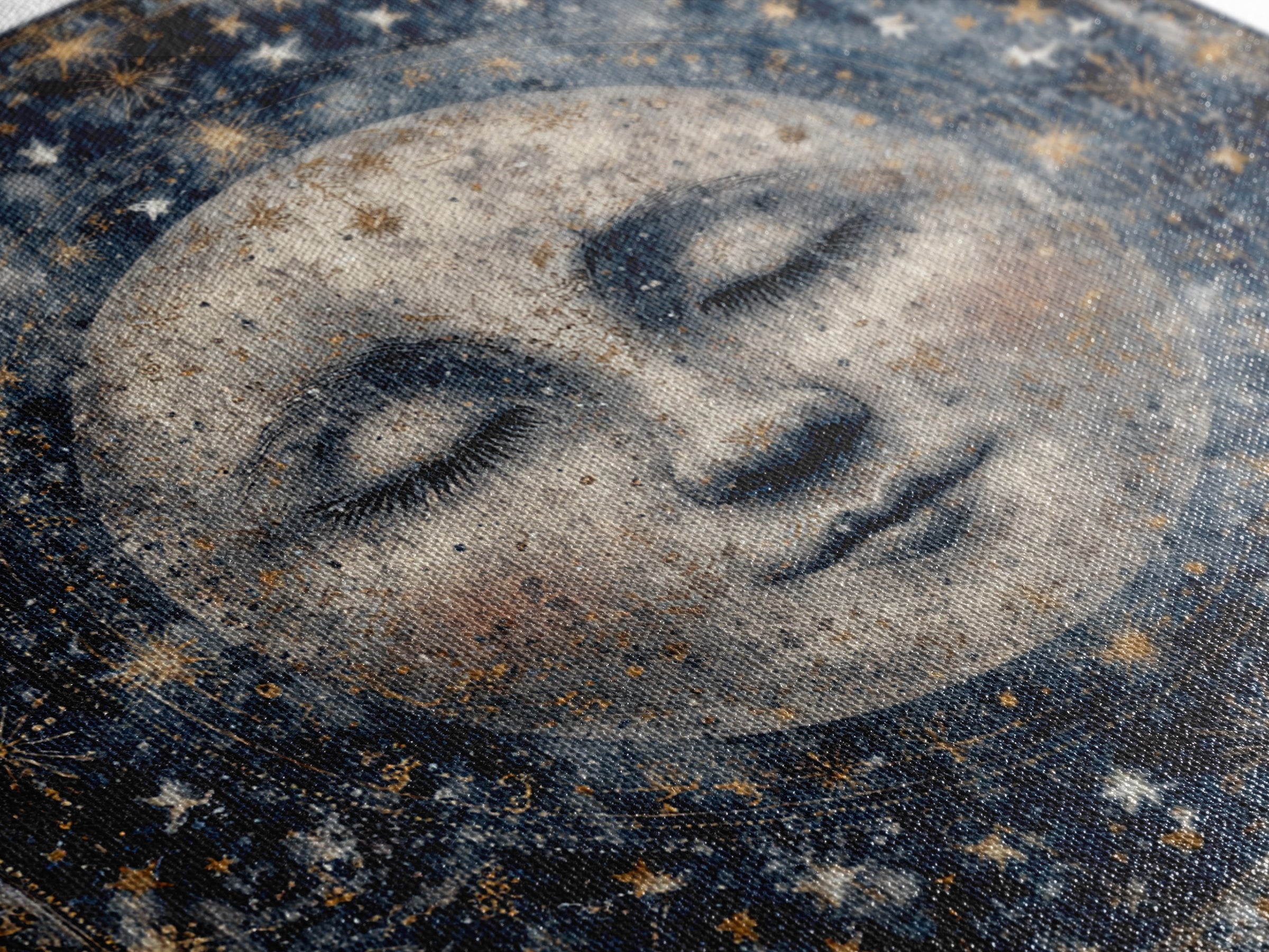 Moon with Sleeping Face and Dangling Stars Framed Canvas Print, Whimsical Art, Living Room Decor, Wonder, Gallery Decor, WHI-1x1-64
