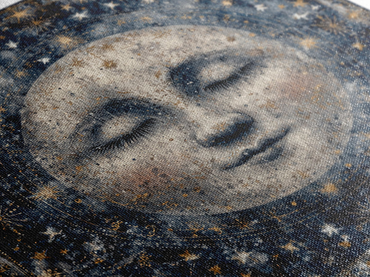 Moon with Sleeping Face and Dangling Stars Framed Canvas Print, Whimsical Art, Living Room Decor, Wonder, Gallery Decor, WHI-1x1-64