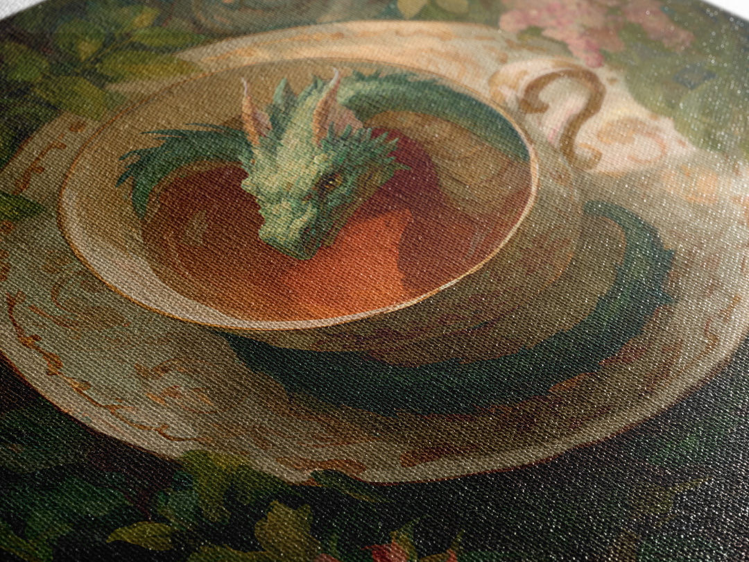 Dragon Curled Around a Teacup Framed Canvas Print, Whimsical Art, Bird Art, Living Room Decor, Abstract Art, Wonder, WHI-1x1-72