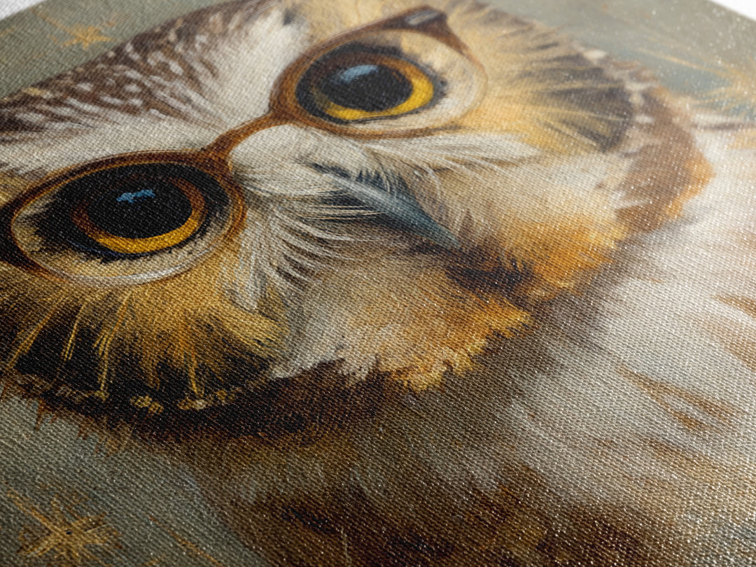 Owl Wearing Spectacles Among Stars Framed Canvas Print, Whimsical Art, Statement Artwork, Living Room Decor, Fine Art, Wonder, WHI-1x1-78