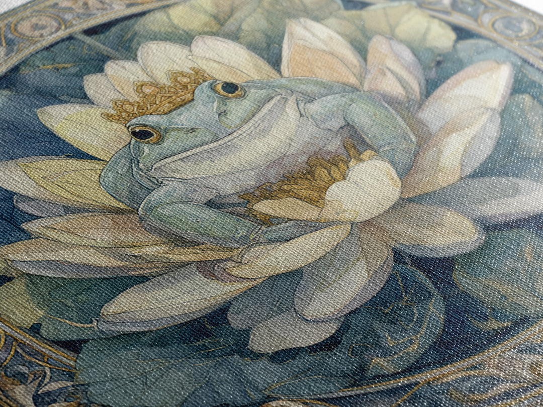 Frog Prince on a Lily Pad Framed Canvas Print, Whimsical Art, Oil Painting, Living Room Decor, Wonder, Dark Academia Decor, WHI-1x1-8
