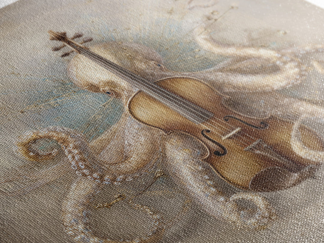 Octopus Conductor with Tiny Instruments Canvas Print, Whimsical Art, Neutral Decor, Living Room Decor, Fine Art, Wonder, WHI-1x1-90