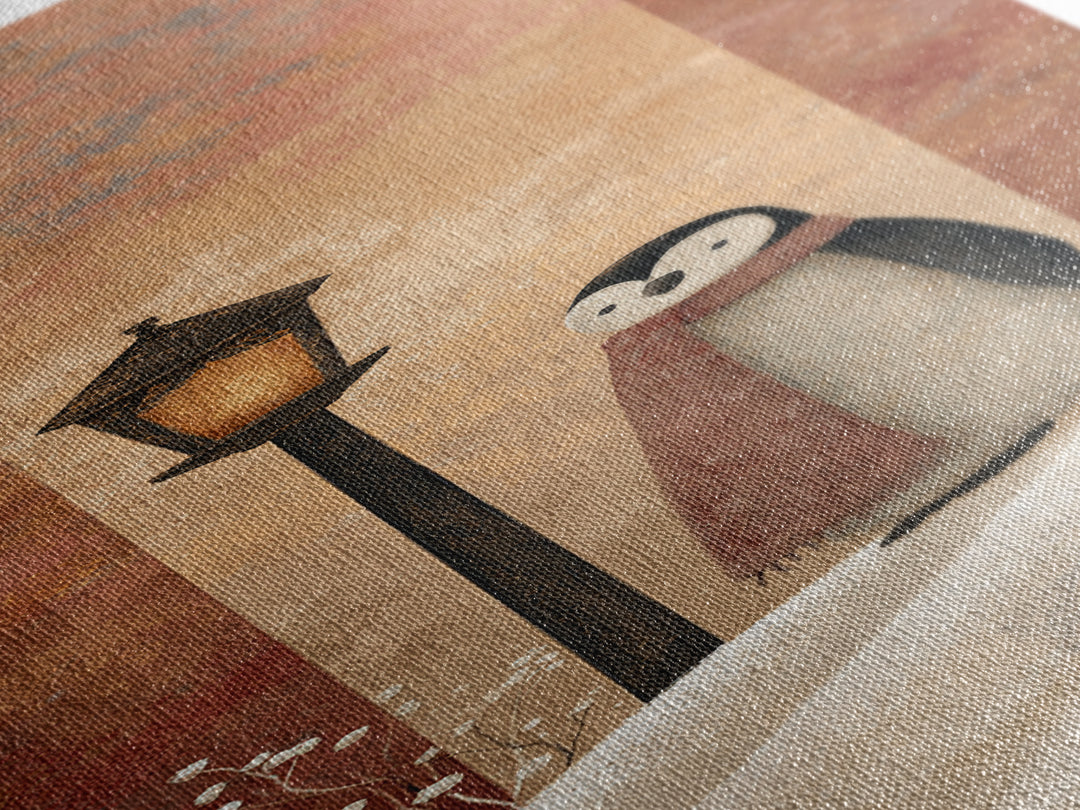 Penguin Holding a Lantern Framed Canvas Print, Whimsical Art, Textured Painting, Living Room Decor, Fine Art, Wonder, WHI-1x3-29