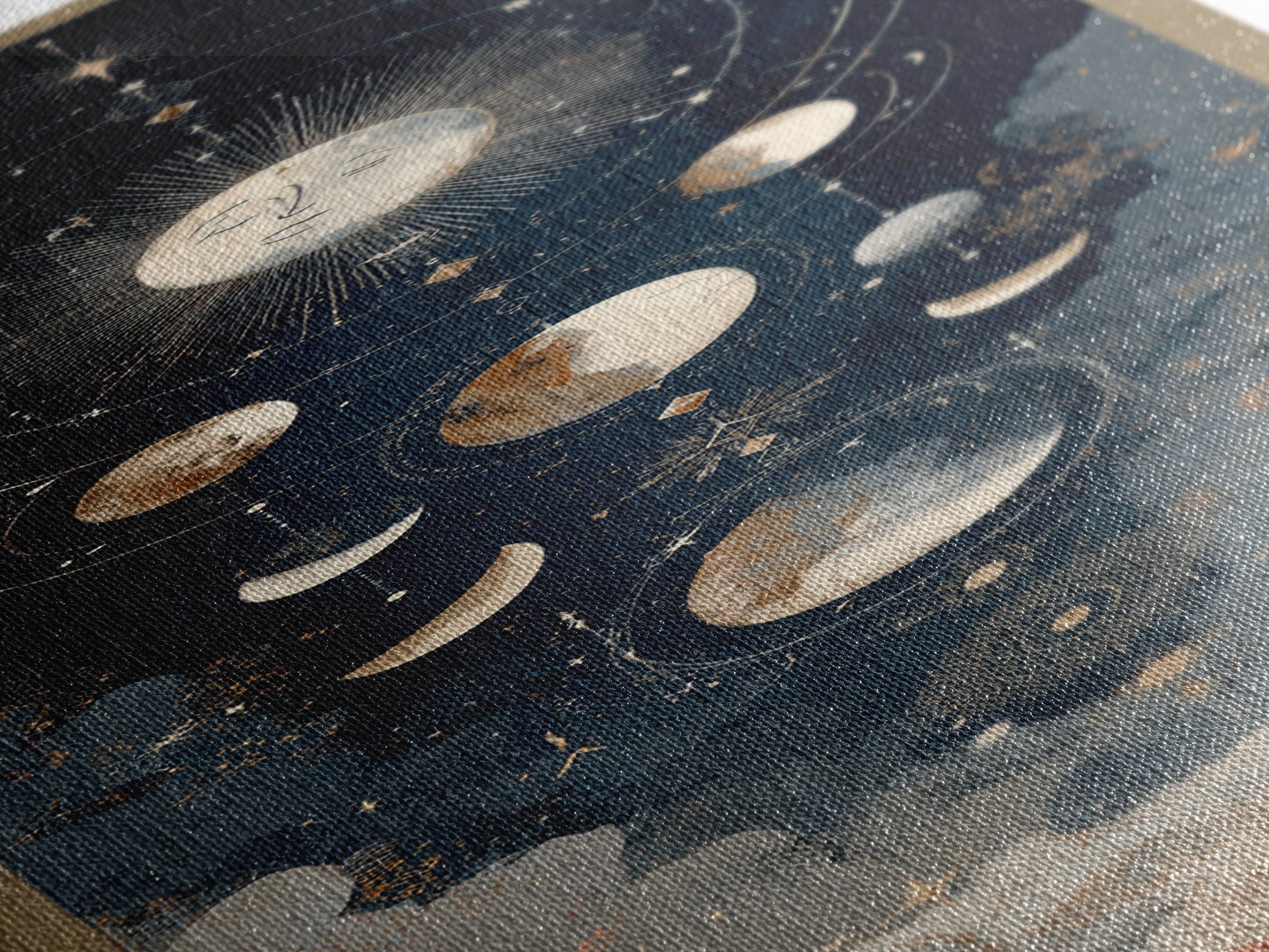 Moon with Sleeping Face and Dangling Stars Framed Canvas Print, Whimsical Art, Original Art, Living Room Decor, Oil Painting, WHI-1x3-52
