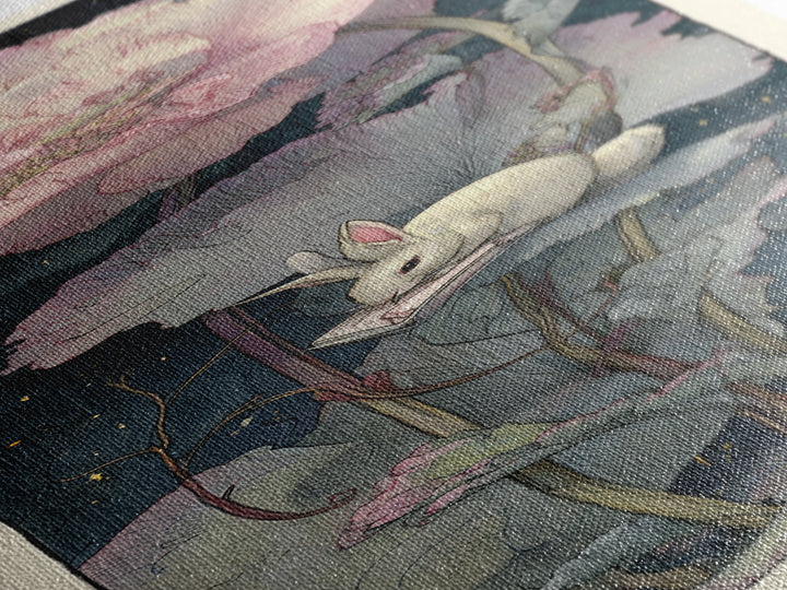 Rabbit Reading Beneath a Giant Flower Canvas Print, Whimsical Art, Cat Art, Living Room Decor, Watercolor Art, Wonder, WHI-1x3-89