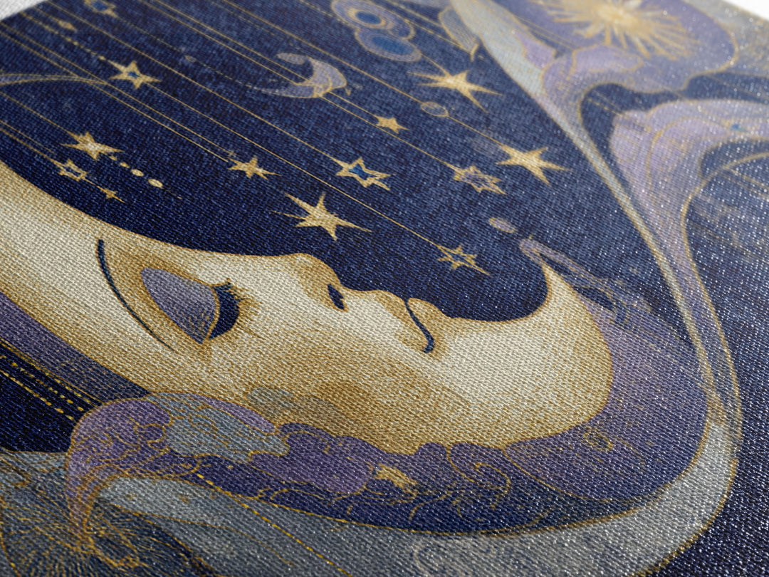 Moon with Sleeping Face and Dangling Stars Framed Canvas Print, Whimsical Art, Room Decor, Living Room Decor, Oil Painting, WHI-2x1-12