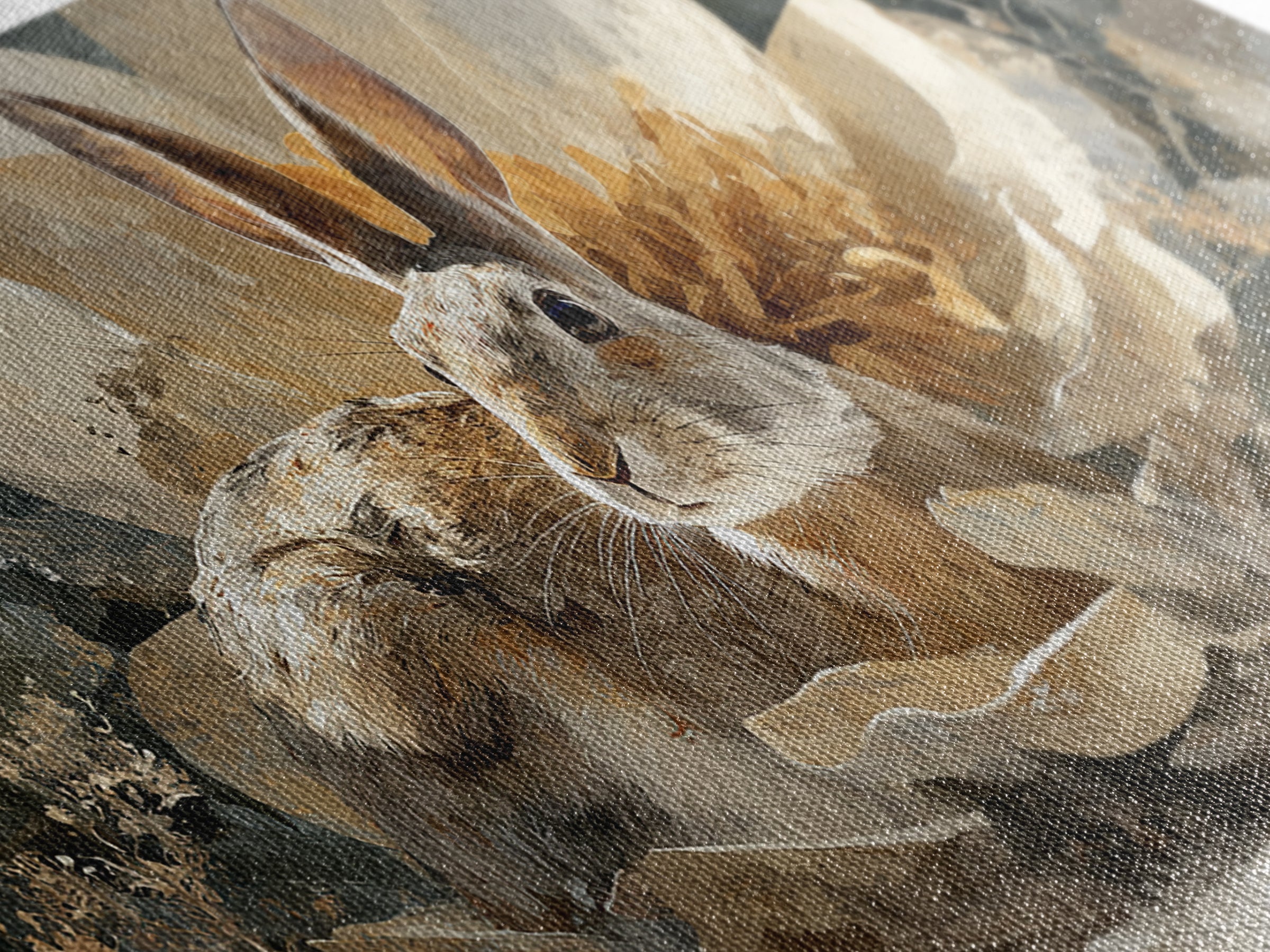 Rabbit Reading Beneath a Giant Flower Framed Canvas Print, Whimsical Art, Oil Painting, Living Room Decor, Wonder, WHI-2x1-25