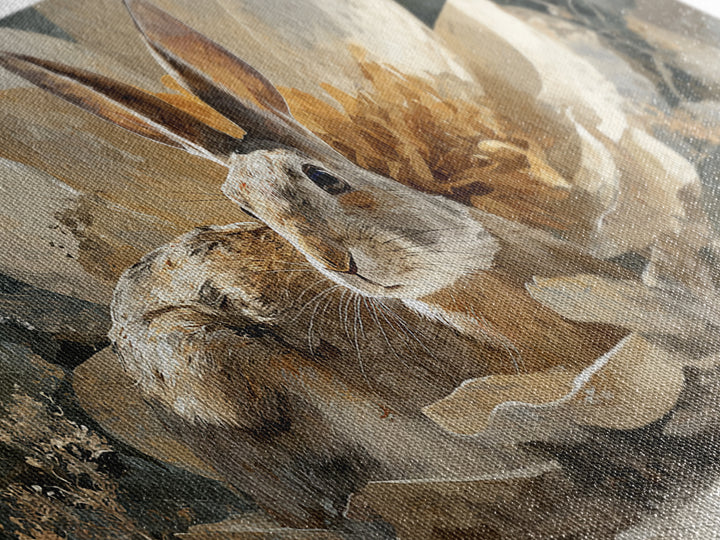 Rabbit Reading Beneath a Giant Flower Framed Canvas Print, Whimsical Art, Oil Painting, Living Room Decor, Wonder, WHI-2x1-25