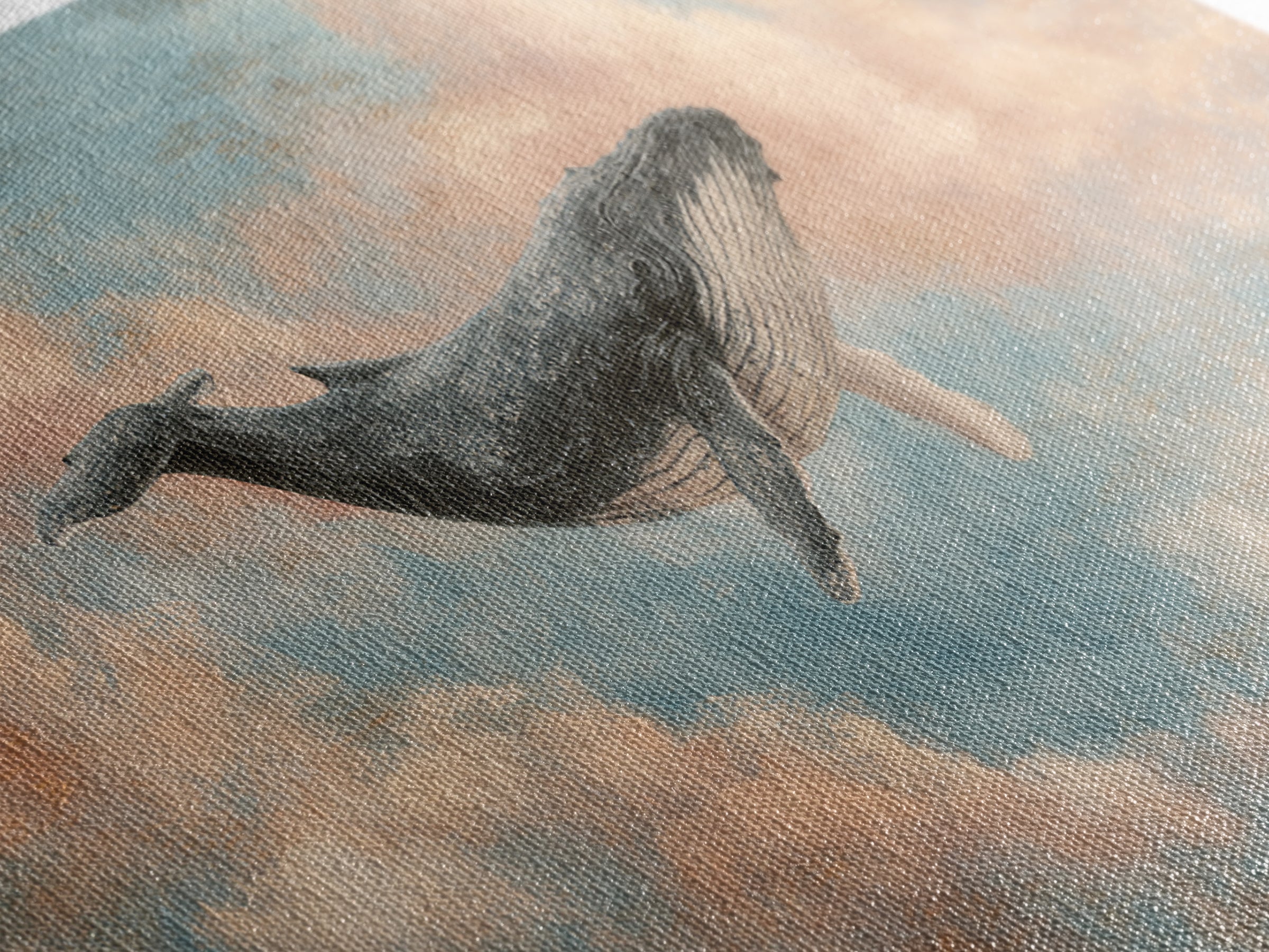 Whale Flying Through Clouds Like Ocean Framed Canvas Print, Whimsical Art, Art Print, Living Room Decor, Fine Art, Wonder, WHI-2x1-33