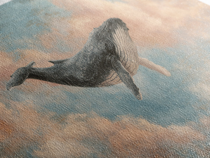 Whale Flying Through Clouds Like Ocean Framed Canvas Print, Whimsical Art, Art Print, Living Room Decor, Fine Art, Wonder, WHI-2x1-33