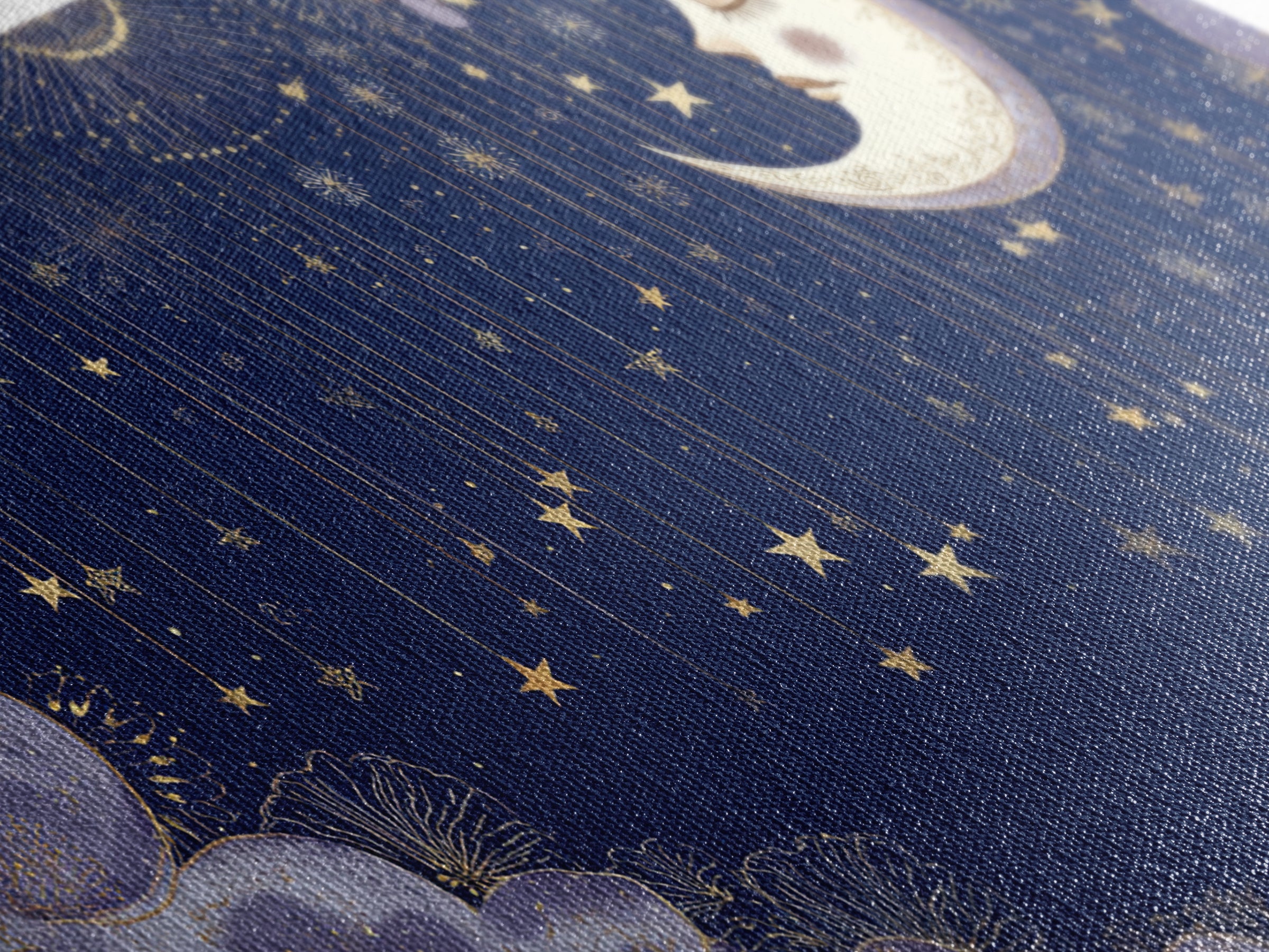 Moon with Sleeping Face and Dangling Stars Canvas Print, Whimsical Art, Home Decor, Living Room Decor, Fine Art, Wonder, WHI-2x1-36