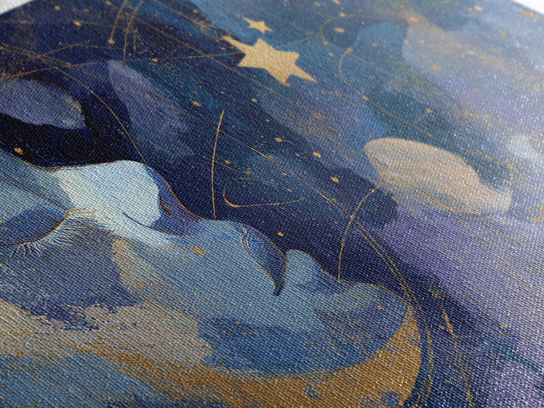 Moon with Sleeping Face and Dangling Stars Framed Canvas Print, Whimsical Art, Printable Wall Art, Living Room Decor, Wonder, WHI-2x1-60