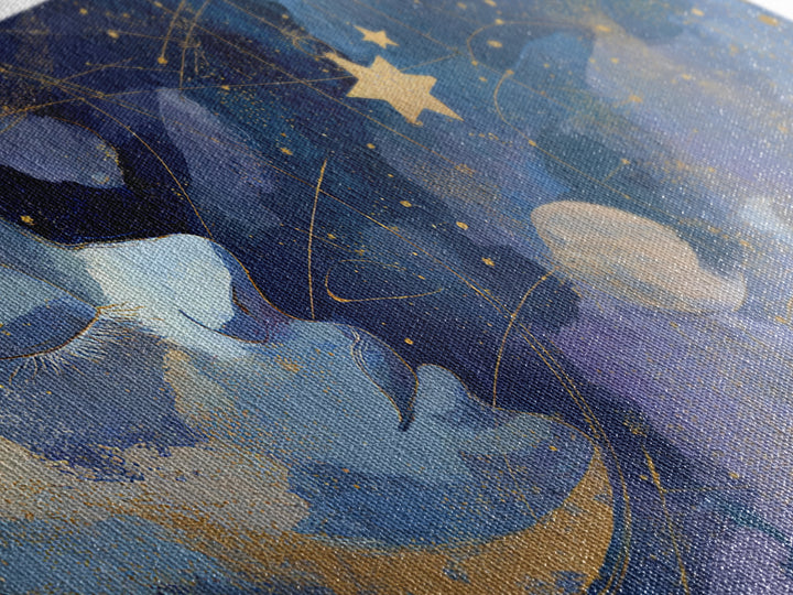 Moon with Sleeping Face and Dangling Stars Framed Canvas Print, Whimsical Art, Printable Wall Art, Living Room Decor, Wonder, WHI-2x1-60
