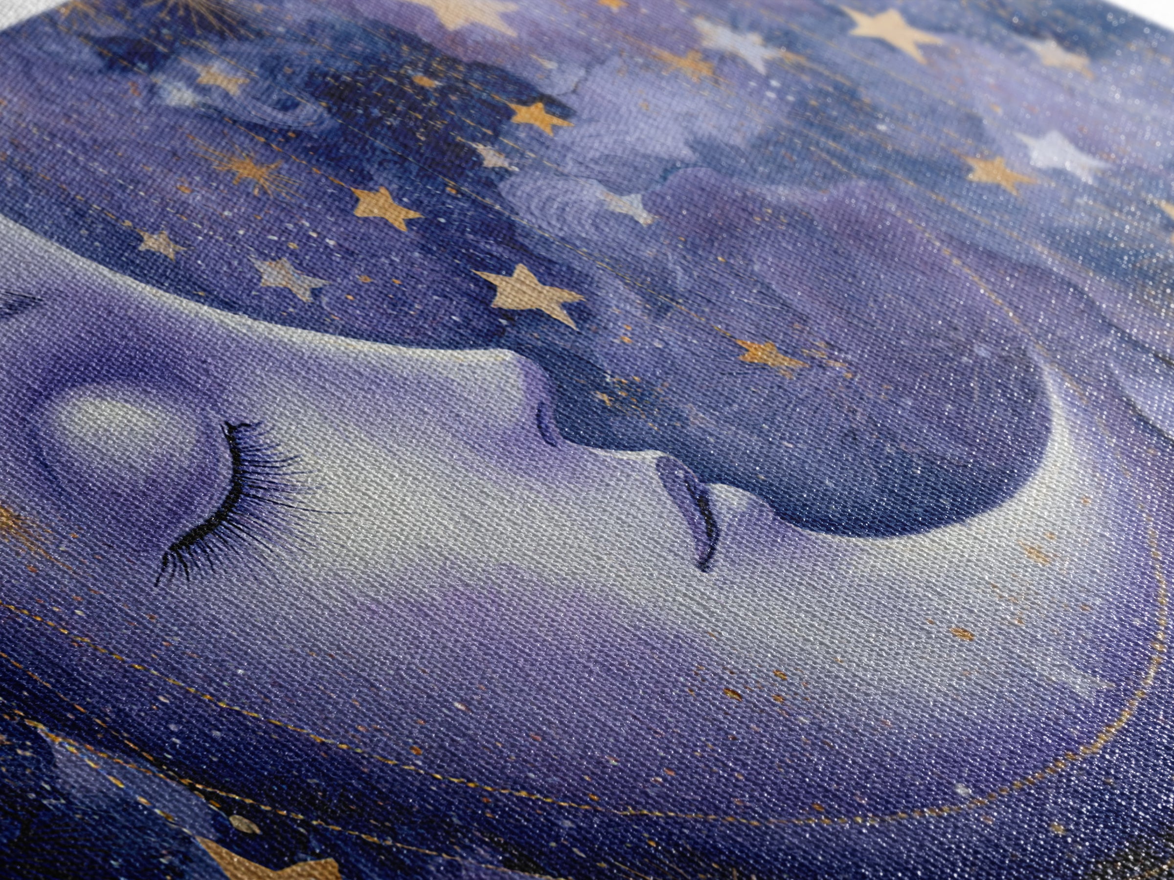 Moon with Sleeping Face and Dangling Stars Framed Canvas Print, Whimsical Art, Living Room Decor, Wonder, Gallery Decor, WHI-2x1-84