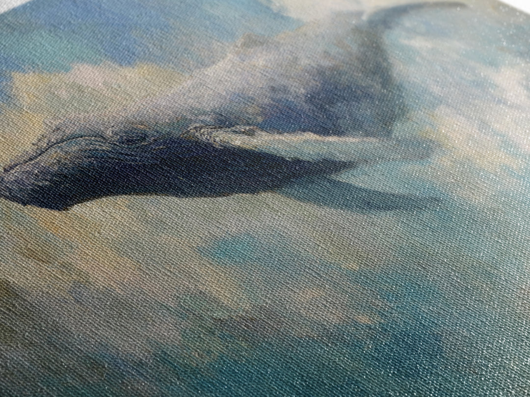 Whale Flying Through Clouds Like Ocean Framed Canvas Print, Whimsical Art, Art Print, Living Room Decor, Fine Art, Wonder, WHI-2x1-9