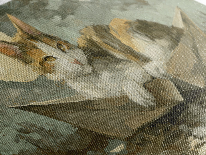 Cat Sailing a Paper Boat Canvas Print, Whimsical Art, Oil Painting, Living Room Decor, Fine Art, Wonder, Dark Academia Decor, WHI-2x1-94