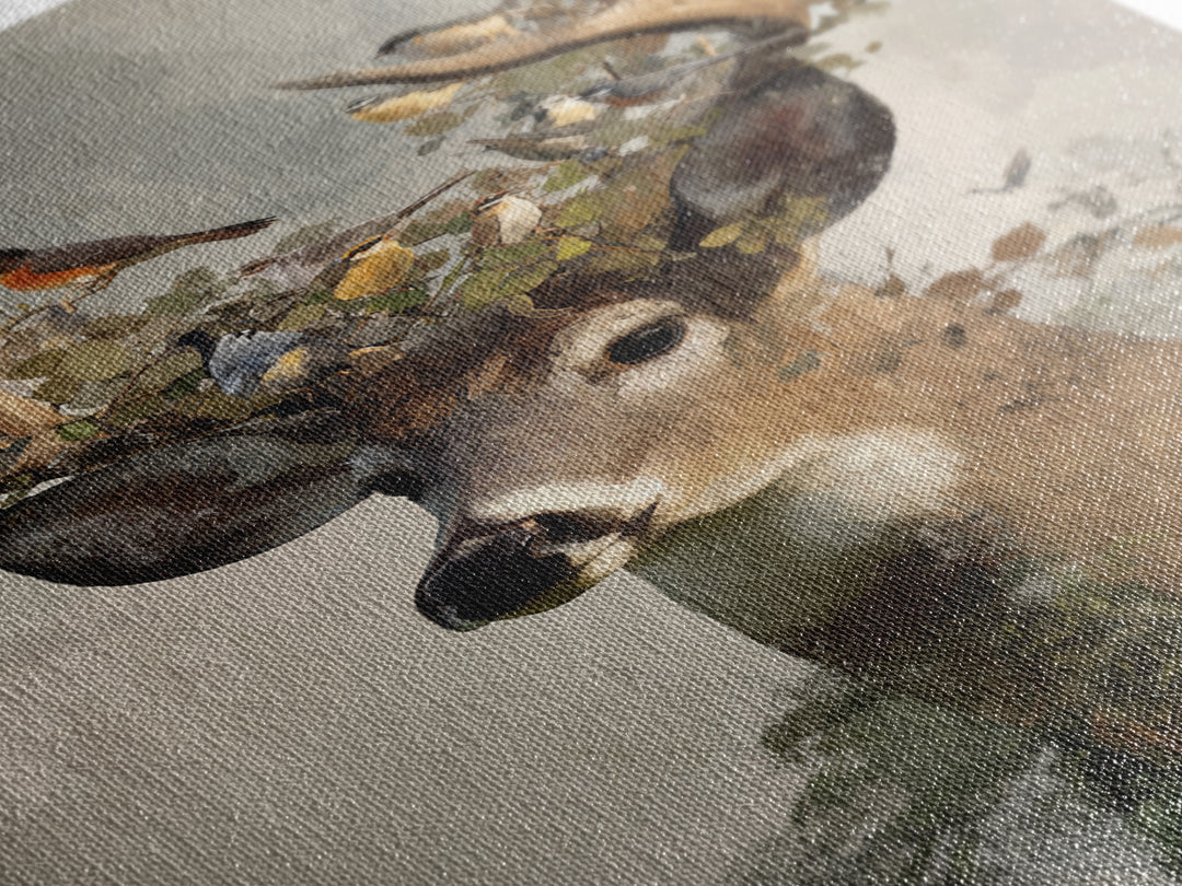 Deer with Antlers Full of Birds Framed Canvas Print, Whimsical Art, Room Decor, Living Room Decor, Wonder, Oil Painting, WHI-2x3-3