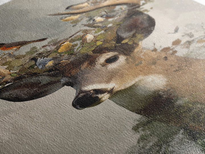 Deer with Antlers Full of Birds Framed Canvas Print, Whimsical Art, Room Decor, Living Room Decor, Wonder, Oil Painting, WHI-2x3-3