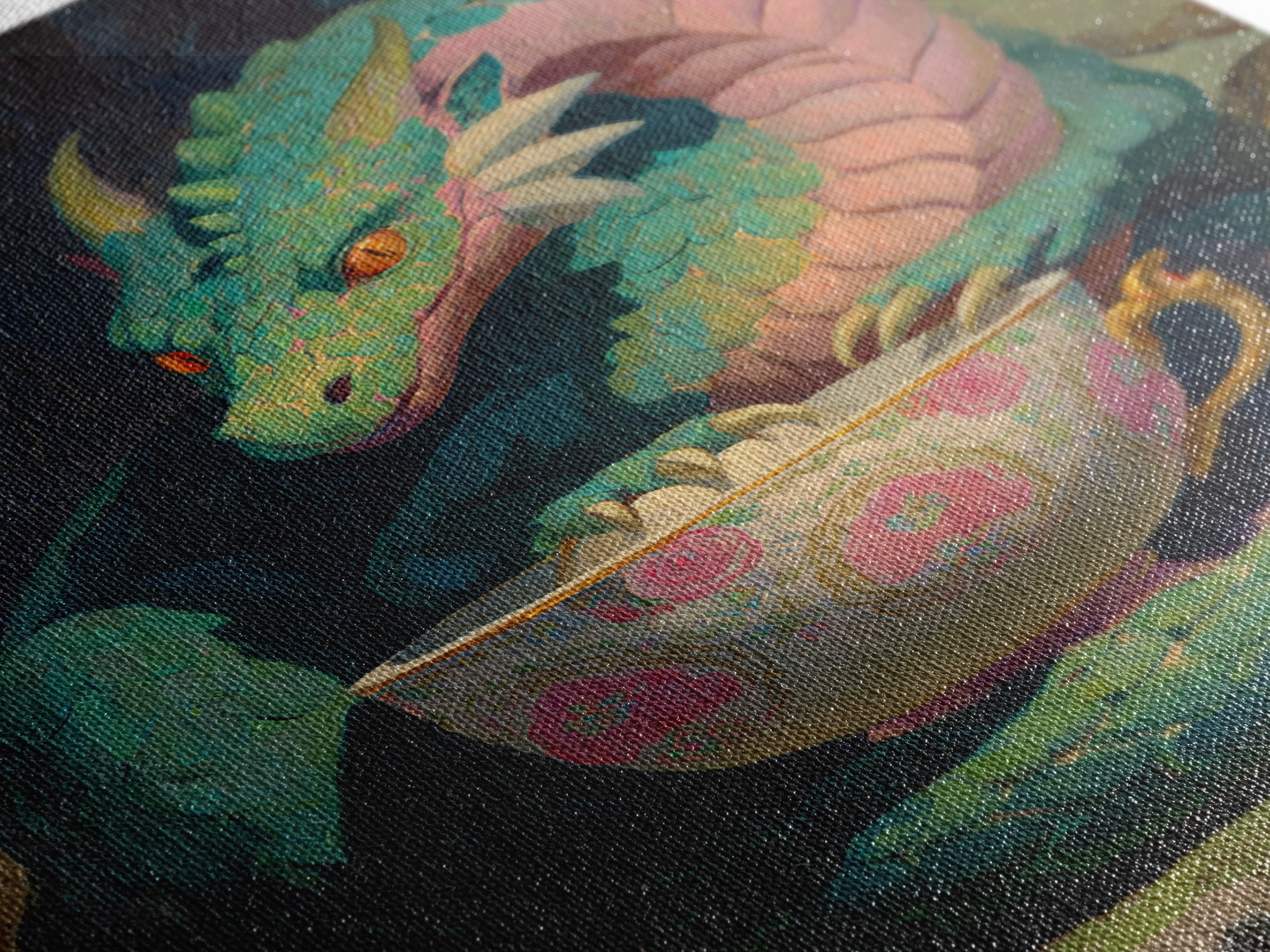 Dragon Curled Around a Teacup Canvas Print, Whimsical Art, Statement Artwork, Living Room Decor, Fine Art, Wonder, Art Print, WHI-2x3-32