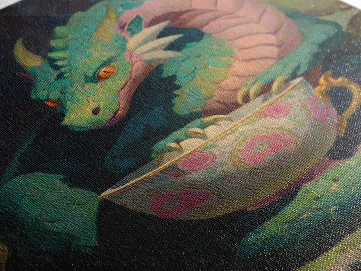 Dragon Curled Around a Teacup Canvas Print, Whimsical Art, Statement Artwork, Living Room Decor, Fine Art, Wonder, Art Print, WHI-2x3-32