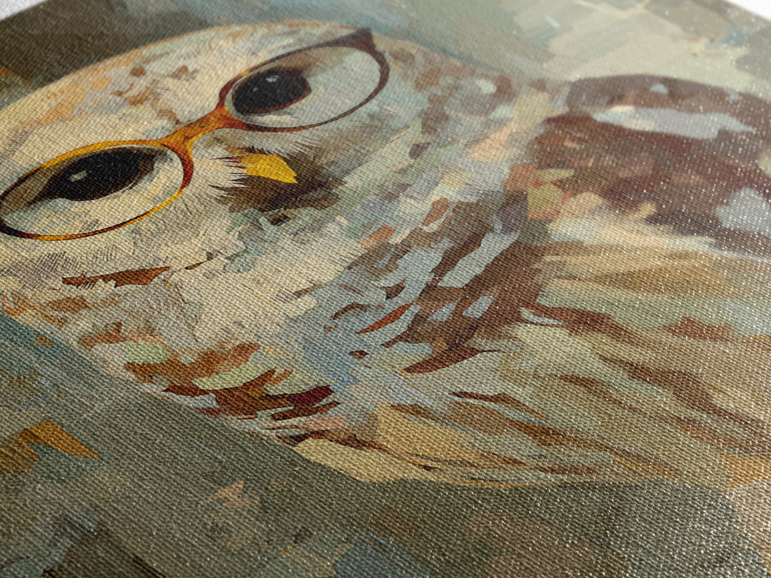 Owl Wearing Spectacles Among Stars Framed Canvas Print, Whimsical Art, Pet Portrait, Living Room Decor, Fine Art, Wonder, WHI-2x3-38