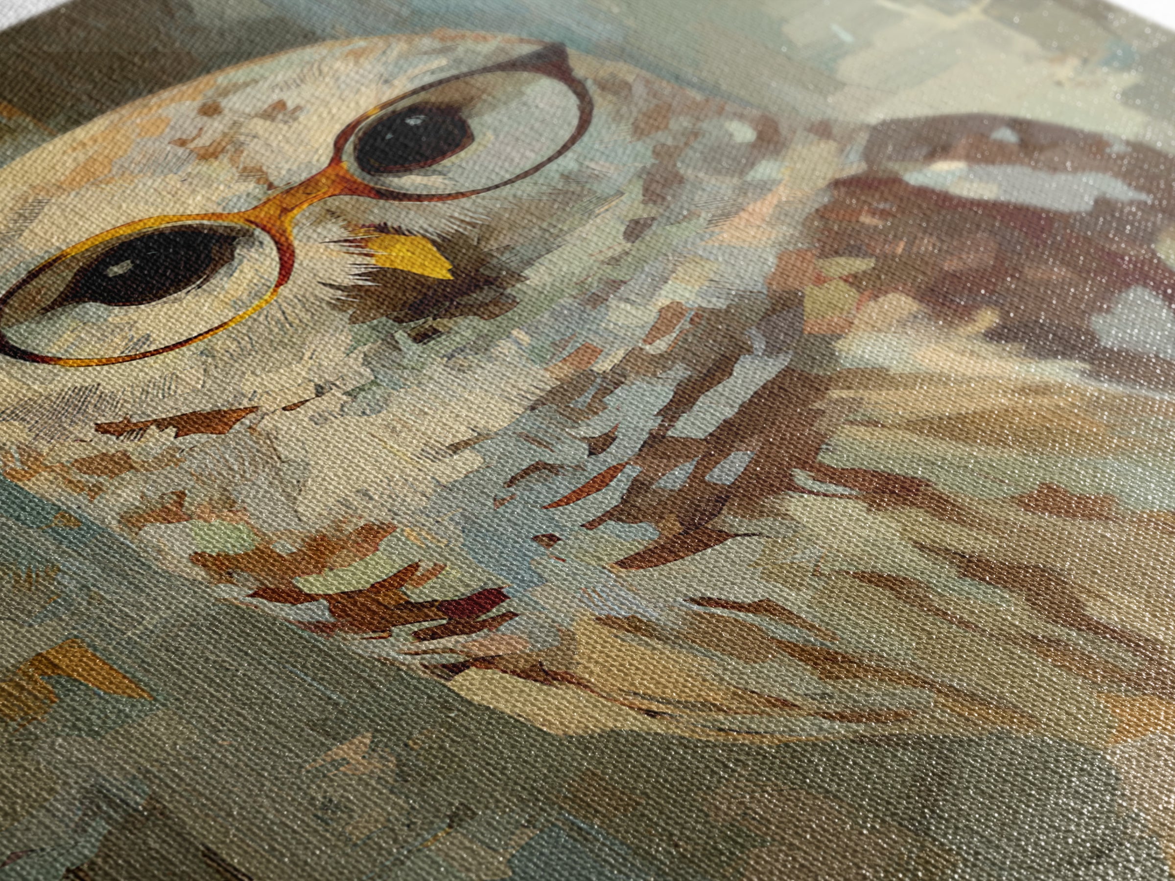 Owl Wearing Spectacles Among Stars Framed Canvas Print, Whimsical Art, Pet Portrait, Living Room Decor, Fine Art, Wonder, WHI-2x3-38