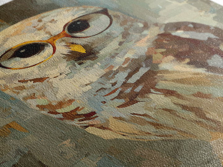 Owl Wearing Spectacles Among Stars Framed Canvas Print, Whimsical Art, Pet Portrait, Living Room Decor, Fine Art, Wonder, WHI-2x3-38