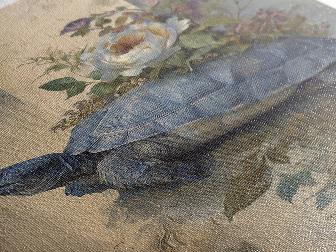 Turtle with Garden Growing on Shell Framed Canvas Print, Whimsical Art, Minimalist Decor, Living Room Decor, Oil Painting, WHI-2x3-6