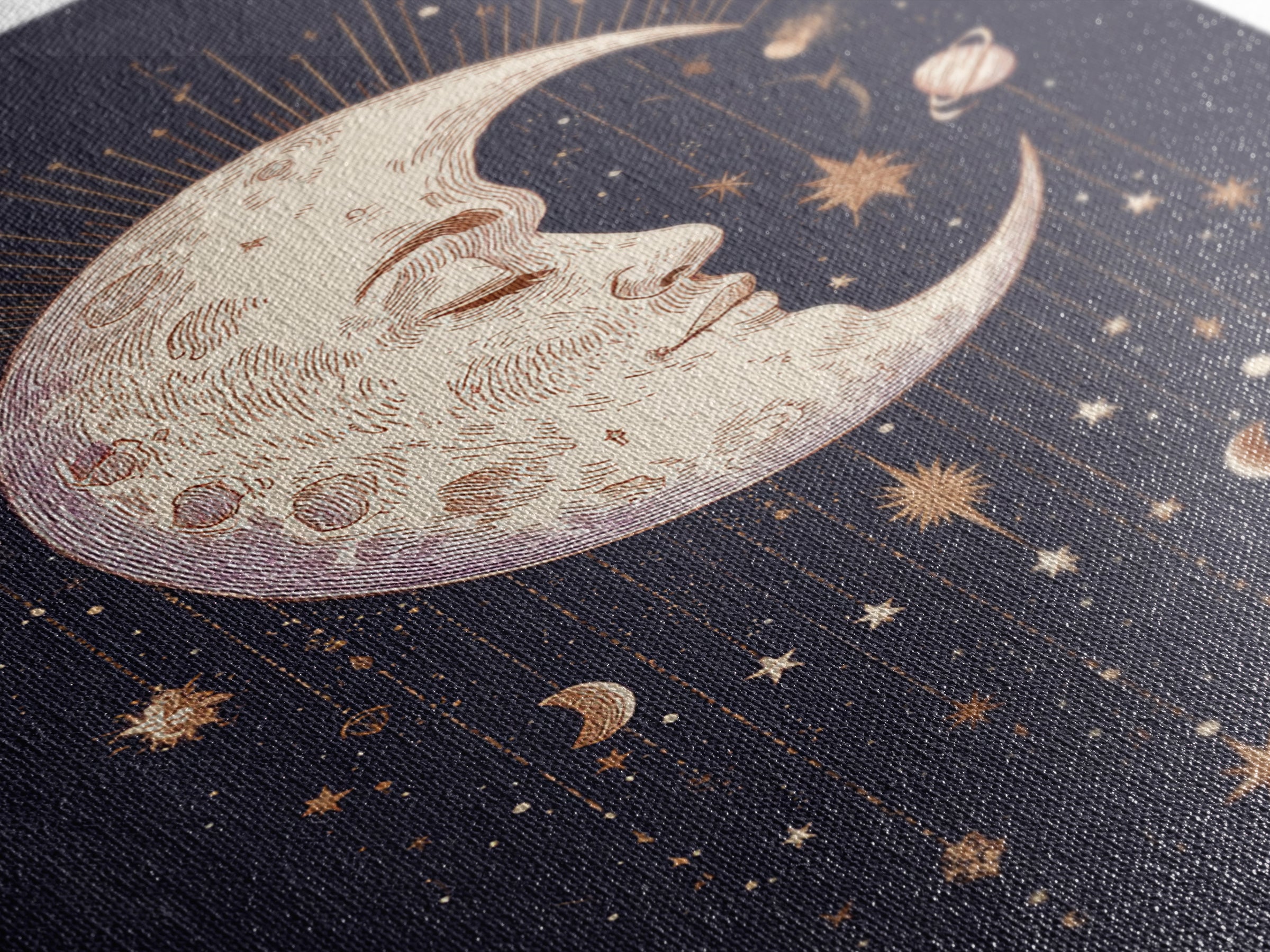 Moon with Sleeping Face and Dangling Stars Canvas Print, Whimsical Art, Living Room Decor, Fine Art, Wonder, Gallery Decor, WHI-2x3-96