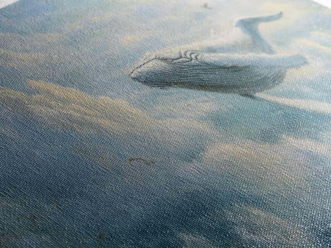 Whale Flying Through Clouds Like Ocean Framed Canvas Print, Whimsical Art, Nursery Art, Living Room Decor, Oil Painting, Wonder, WHI-3x1-53