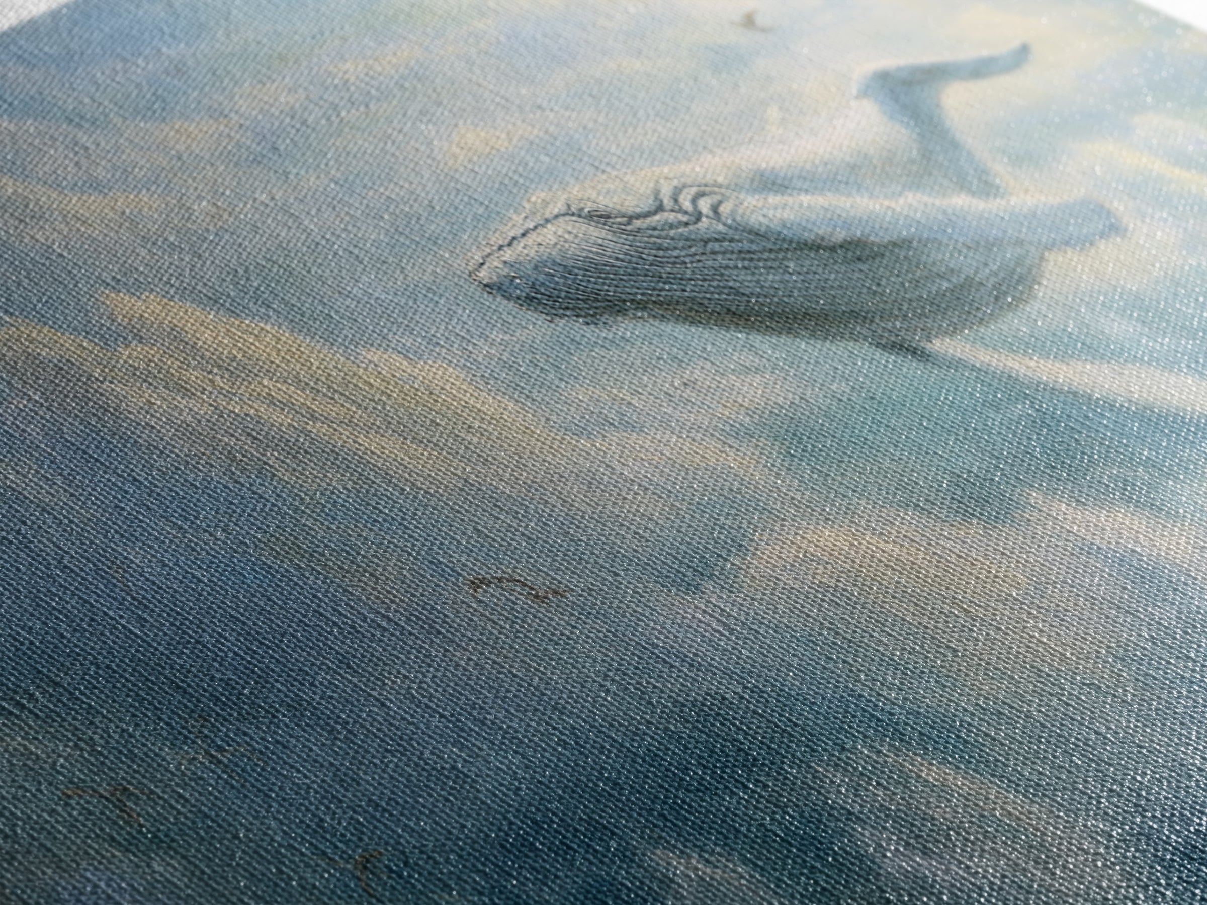 Whale Flying Through Clouds Like Ocean Framed Canvas Print, Whimsical Art, Nursery Art, Living Room Decor, Oil Painting, Wonder, WHI-3x1-53