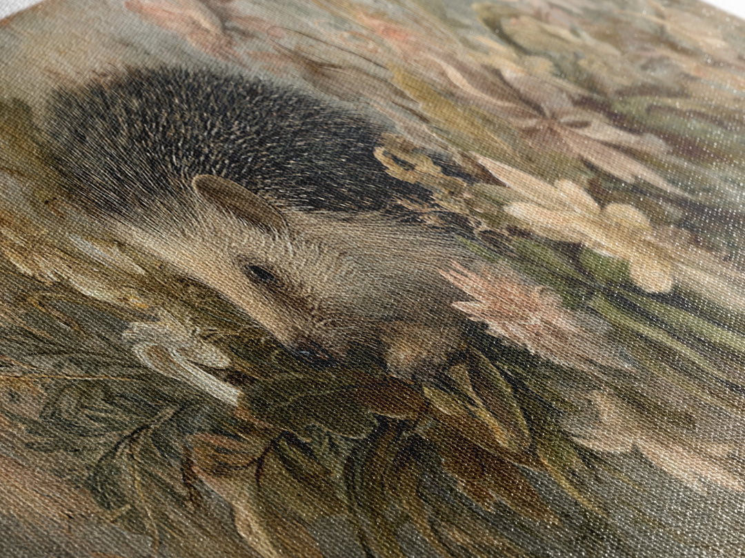 Hedgehog Carrying Wildflowers Framed Canvas Print, Whimsical Art, Prints, Living Room Decor, Oil Painting, Wonder, WHI-3x1-55