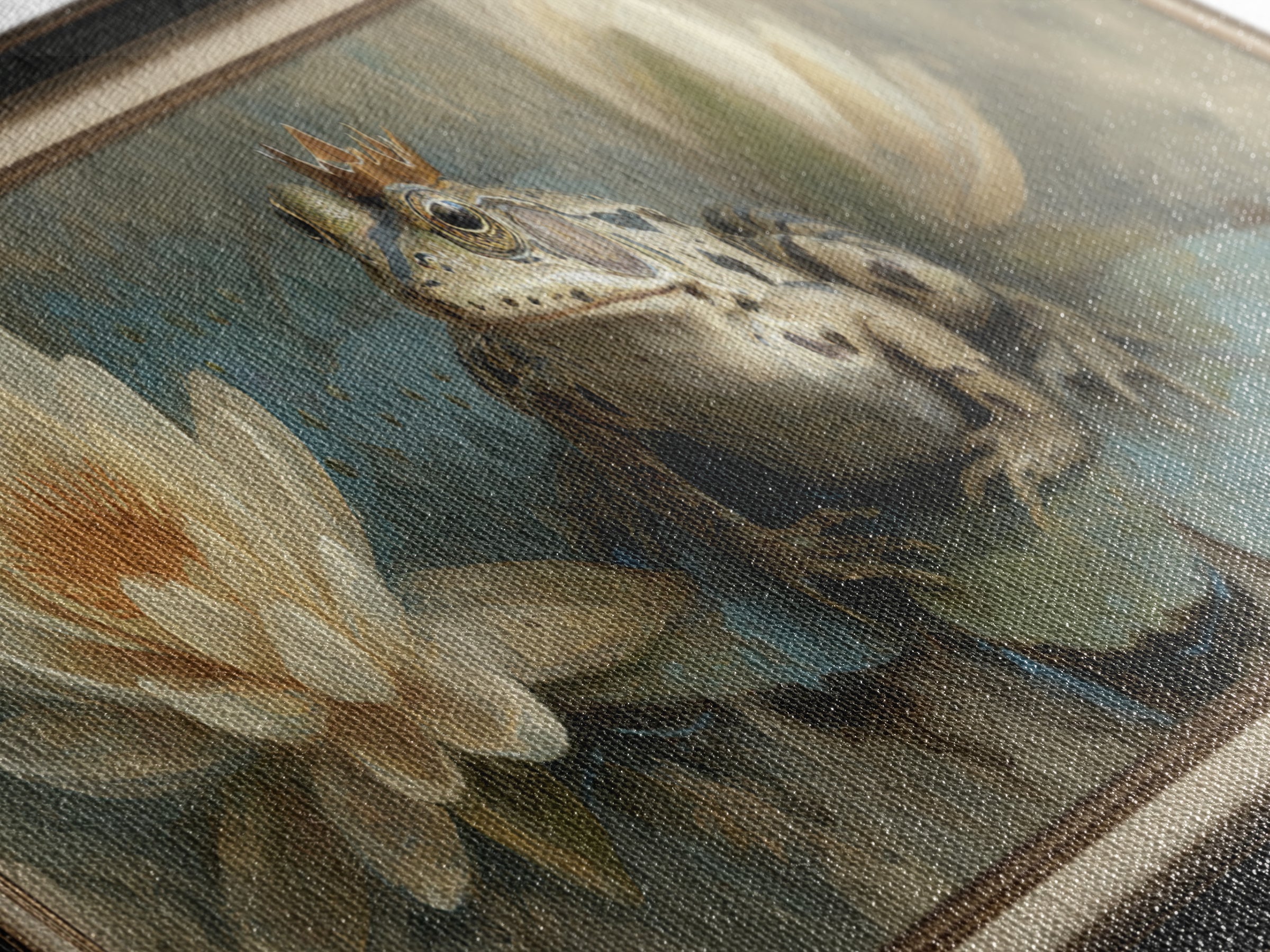 Frog Prince on a Lily Pad Framed Canvas Print, Whimsical Art, Wall Decor, Living Room Decor, Fine Art, Wonder, Printable Art, WHI-3x1-72