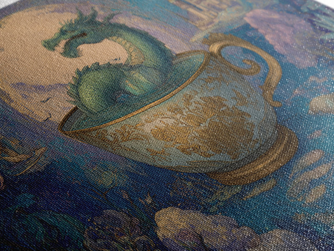 Dragon Curled Around a Teacup Framed Canvas Print, Whimsical Art, Wall Art, Living Room Decor, Oil Painting, Wonder, WHI-3x2-100