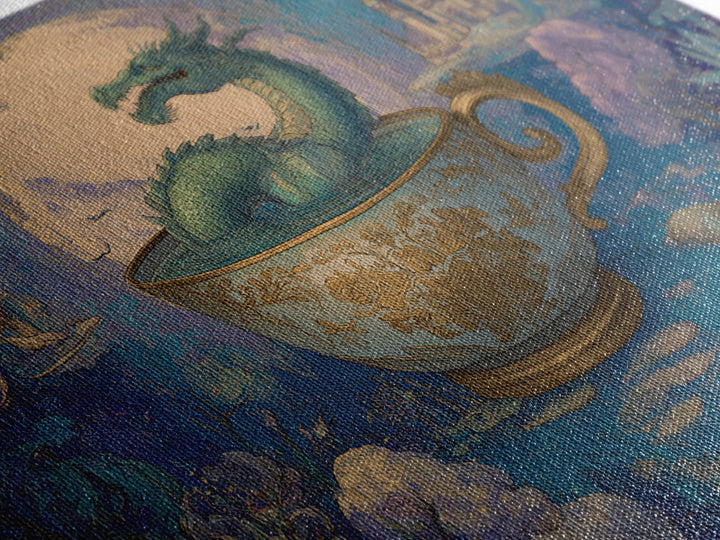Dragon Curled Around a Teacup Framed Canvas Print, Whimsical Art, Wall Art, Living Room Decor, Oil Painting, Wonder, WHI-3x2-100