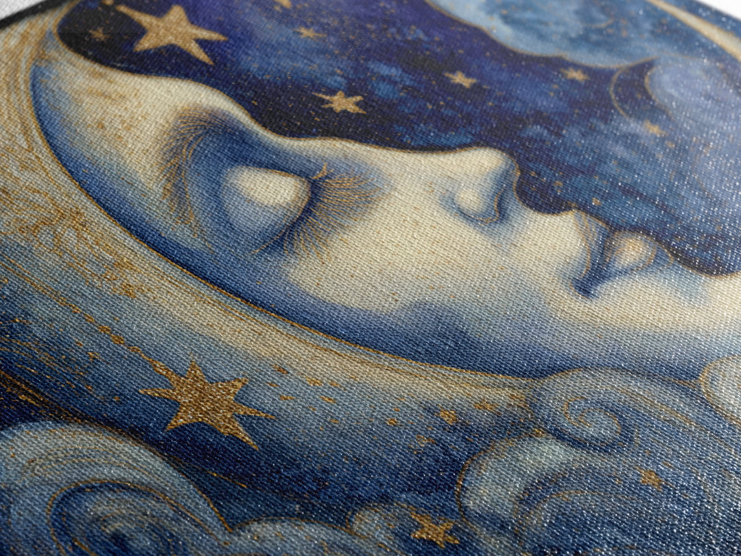 Moon with Sleeping Face and Dangling Stars Canvas Print, Whimsical Art, Nursery Wall Decor, Living Room Decor, Wonder, WHI-3x2-20
