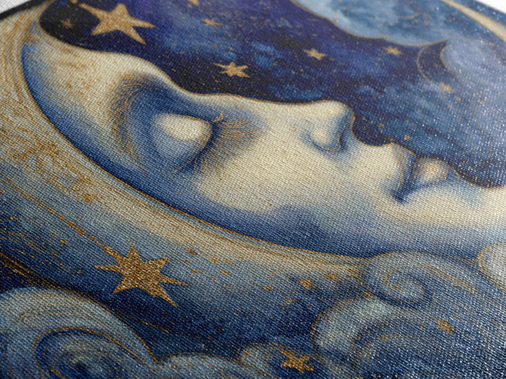 Moon with Sleeping Face and Dangling Stars Canvas Print, Whimsical Art, Nursery Wall Decor, Living Room Decor, Wonder, WHI-3x2-20