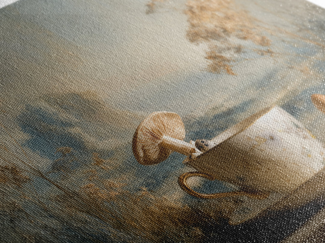 Teacup Garden with Tiny Mushrooms Canvas Print, Whimsical Art, Nursery Art, Living Room Decor, Oil Painting, Wonder, WHI-3x2-32