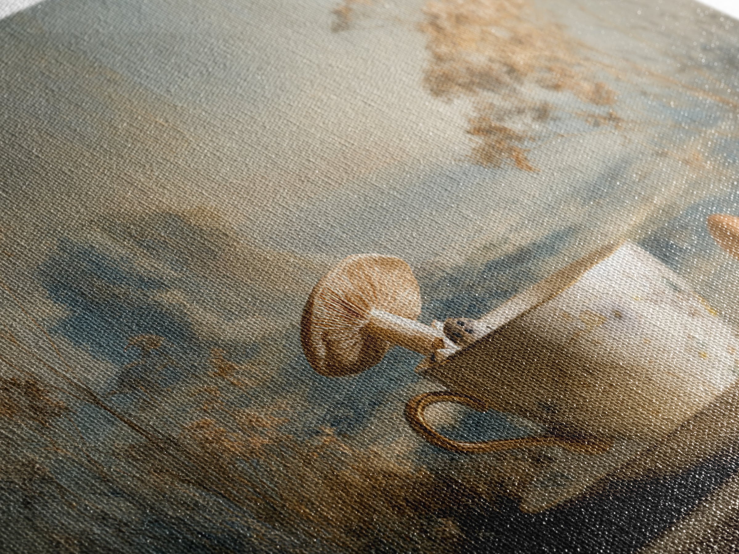 Teacup Garden with Tiny Mushrooms Canvas Print, Whimsical Art, Nursery Art, Living Room Decor, Oil Painting, Wonder, WHI-3x2-32