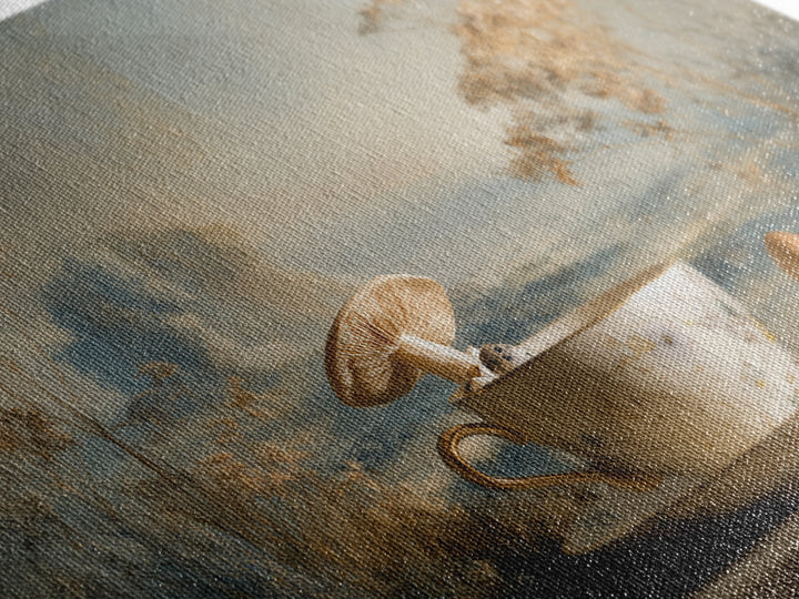 Teacup Garden with Tiny Mushrooms Canvas Print, Whimsical Art, Nursery Art, Living Room Decor, Oil Painting, Wonder, WHI-3x2-32