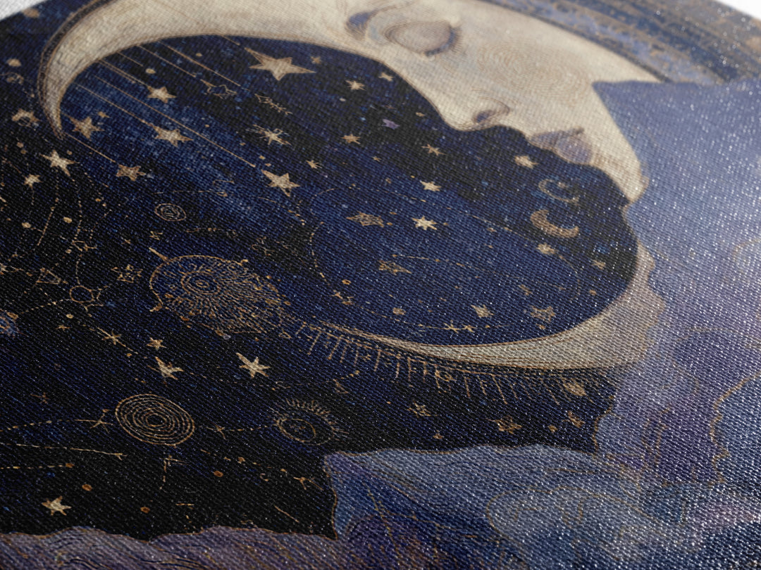 Moon with Sleeping Face and Dangling Stars Canvas Print, Whimsical Art, Watercolor Art, Living Room Decor, Fine Art, Wonder, WHI-3x2-44
