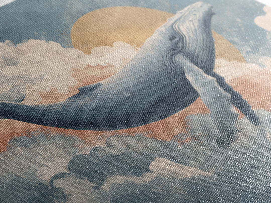 Whale Flying Through Clouds Like Ocean Framed Canvas Print, Whimsical Art, Watercolor Art, Living Room Decor, Wonder, WHI-3x2-65