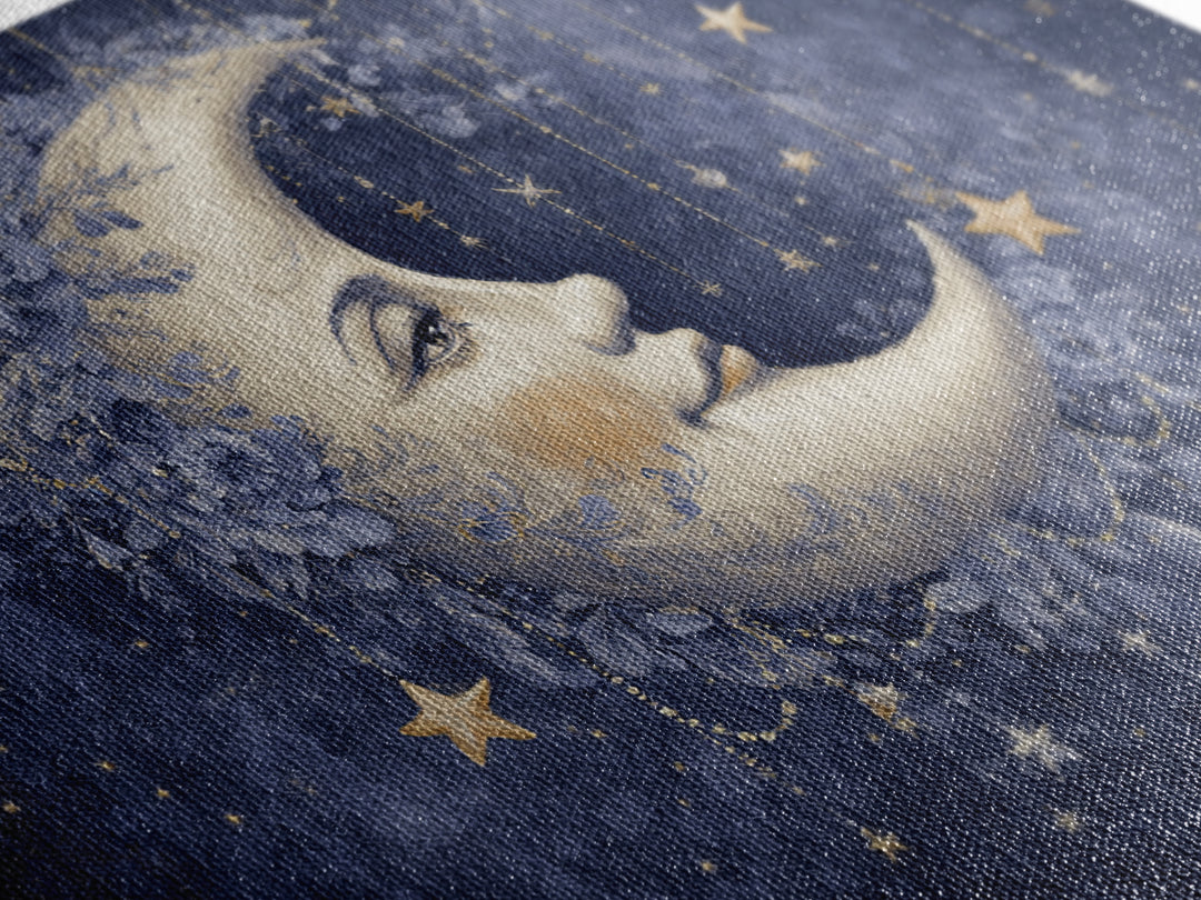 Moon with Sleeping Face and Dangling Stars Canvas Print, Whimsical Art, Minimalist Decor, Living Room Decor, Fine Art, Wonder, WHI-3x2-68
