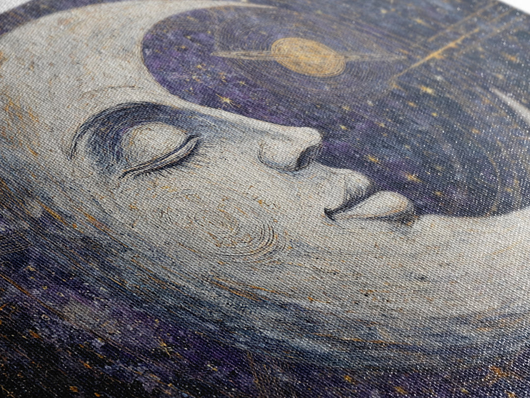 Moon with Sleeping Face and Dangling Stars Framed Canvas Print, Whimsical Art, Art Print, Living Room Decor, Fine Art, Wonder, WHI-3x2-92