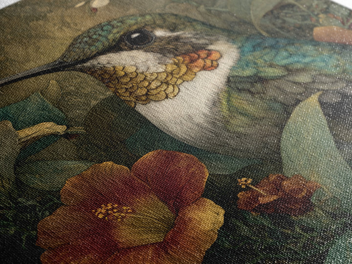 Hummingbird Beside Bright Flowers Framed Canvas Print, Wildlife Art, Canvas Print, Living Room Decor, Fine Art, Wild, WIL-1x1-16