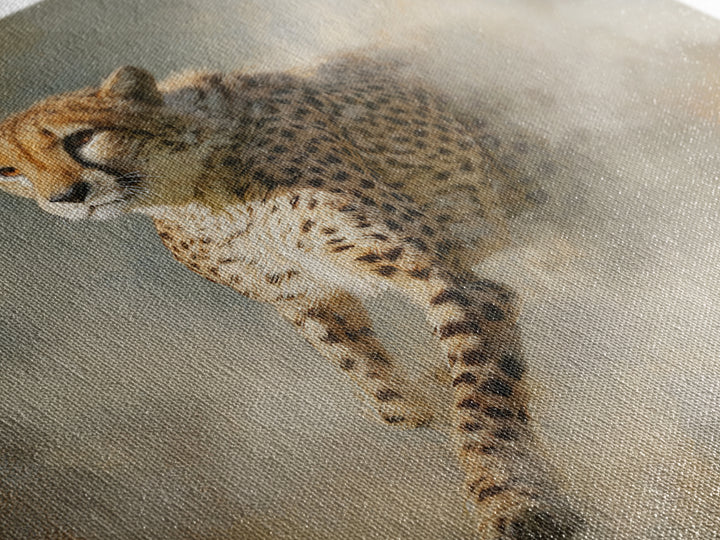Cheetah Running Through Warm Dust Framed Canvas Print, Wildlife Art, Nature Wall Art, Living Room Decor, Fine Art, Wild, WIL-1x1-21