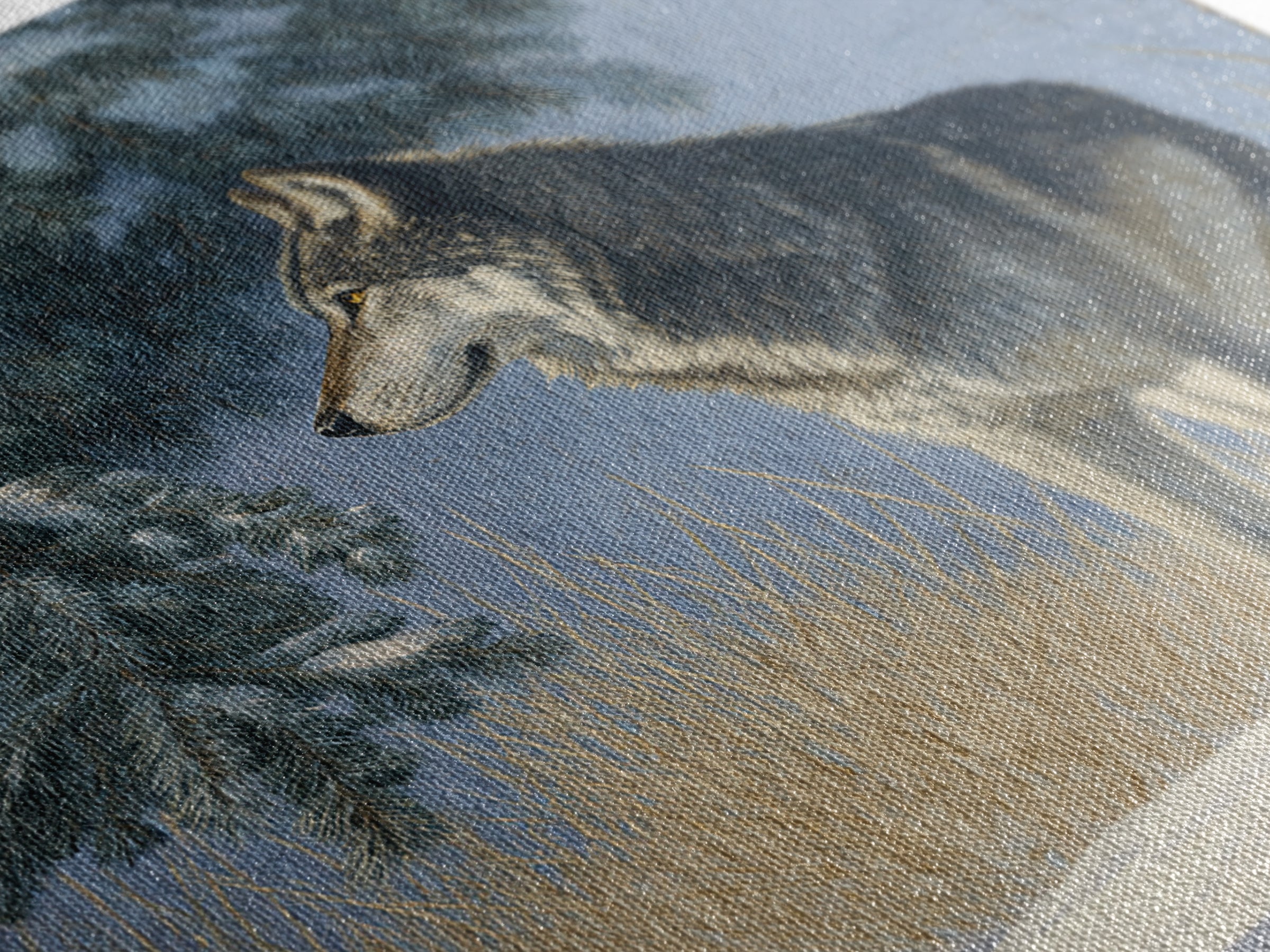 Wolf Standing Beneath Snowy Pine Trees Framed Canvas Print, Wildlife Art, Canvas Print, Living Room Decor, Fine Art, Wild, WIL-1x1-27