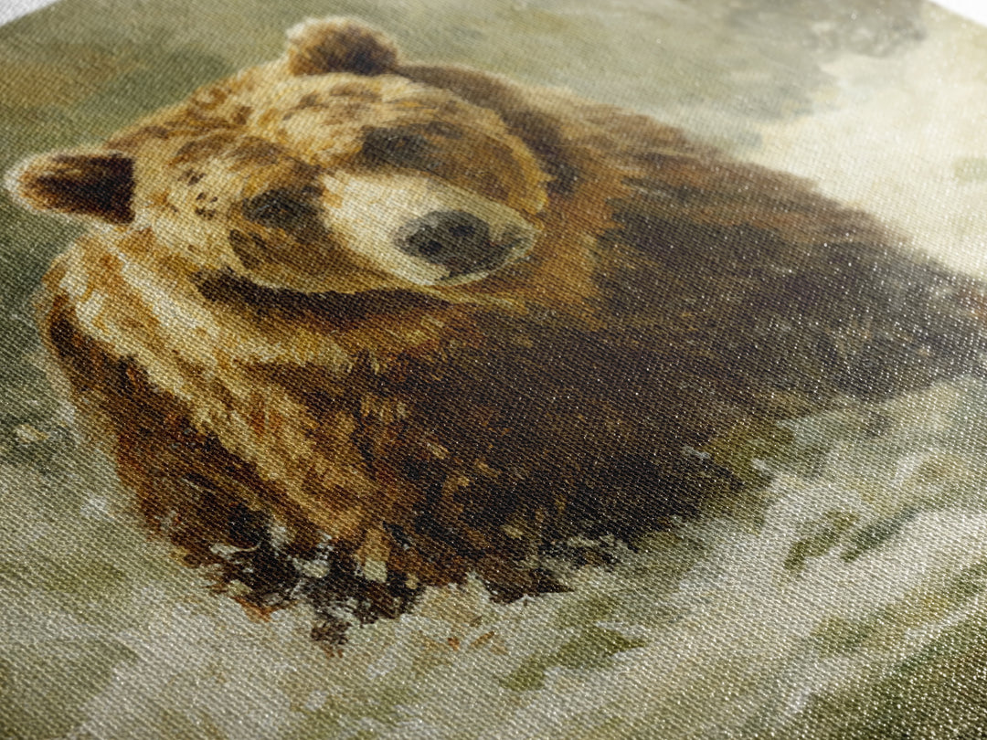 Bear Fishing in Rushing Mountain River Framed Canvas Print, Wildlife Art, Digital Wall Art, Living Room Decor, Fine Art, Wild, WIL-1x1-28