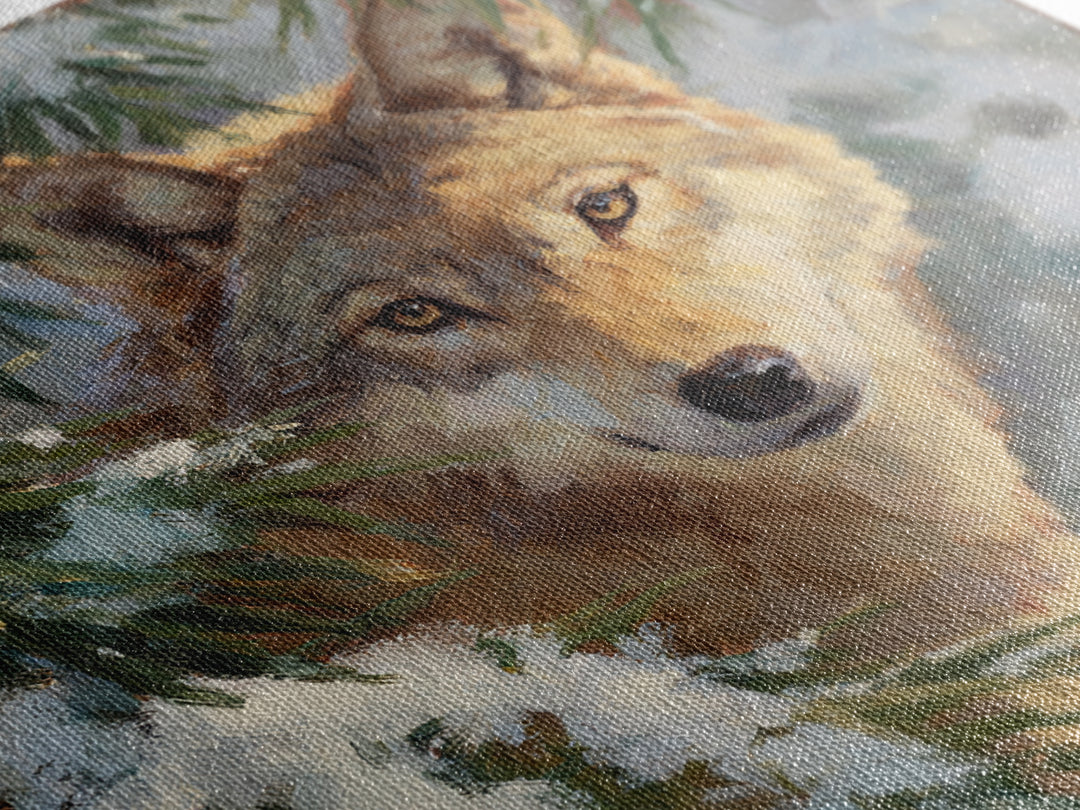 Wolf Standing Beneath Snowy Pine Trees Canvas Print, Wildlife Art, Canvas Wall Art, Living Room Decor, Abstract Art, Wild, WIL-1x1-3